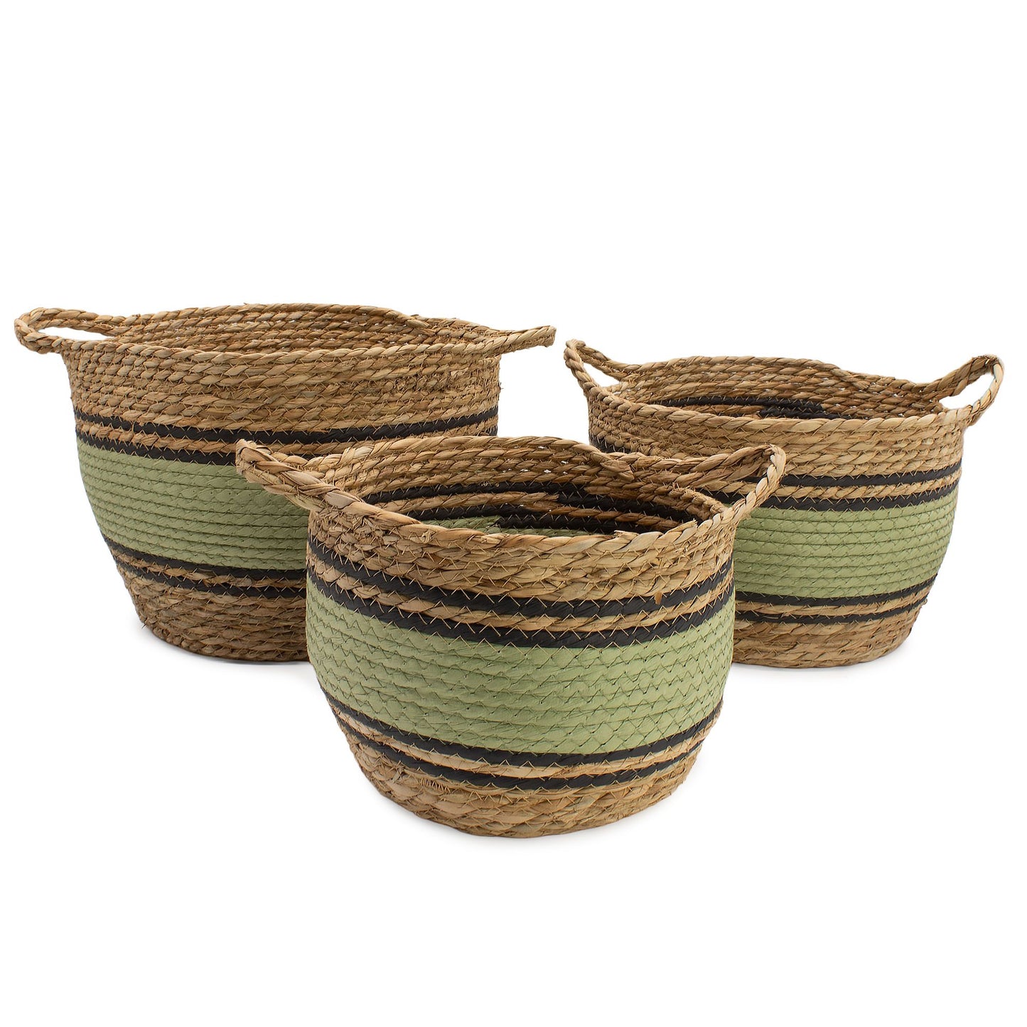 Cotton & Seagrass Large Baskets - Natural Black & Green - Set of 3