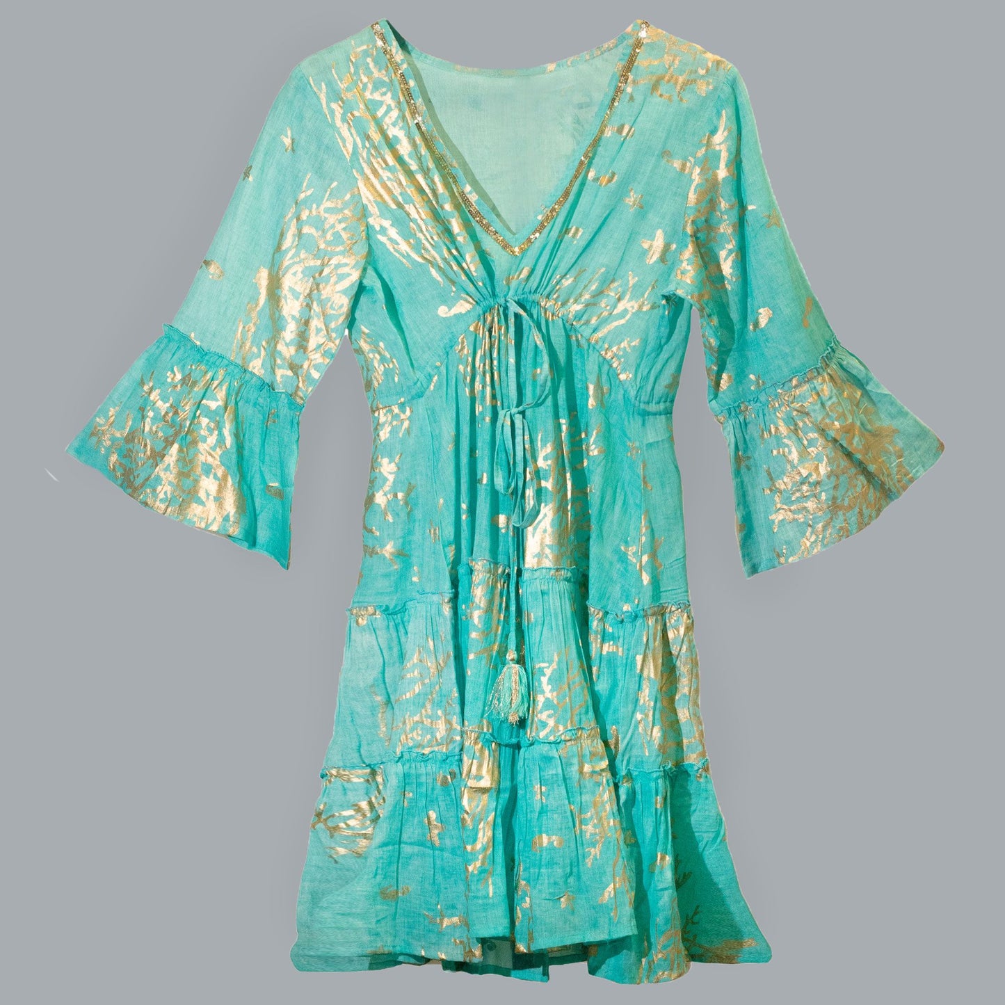 Nomad Sari On the Med Collection - Turquoise & Gold Coral Print Dress (M/L)