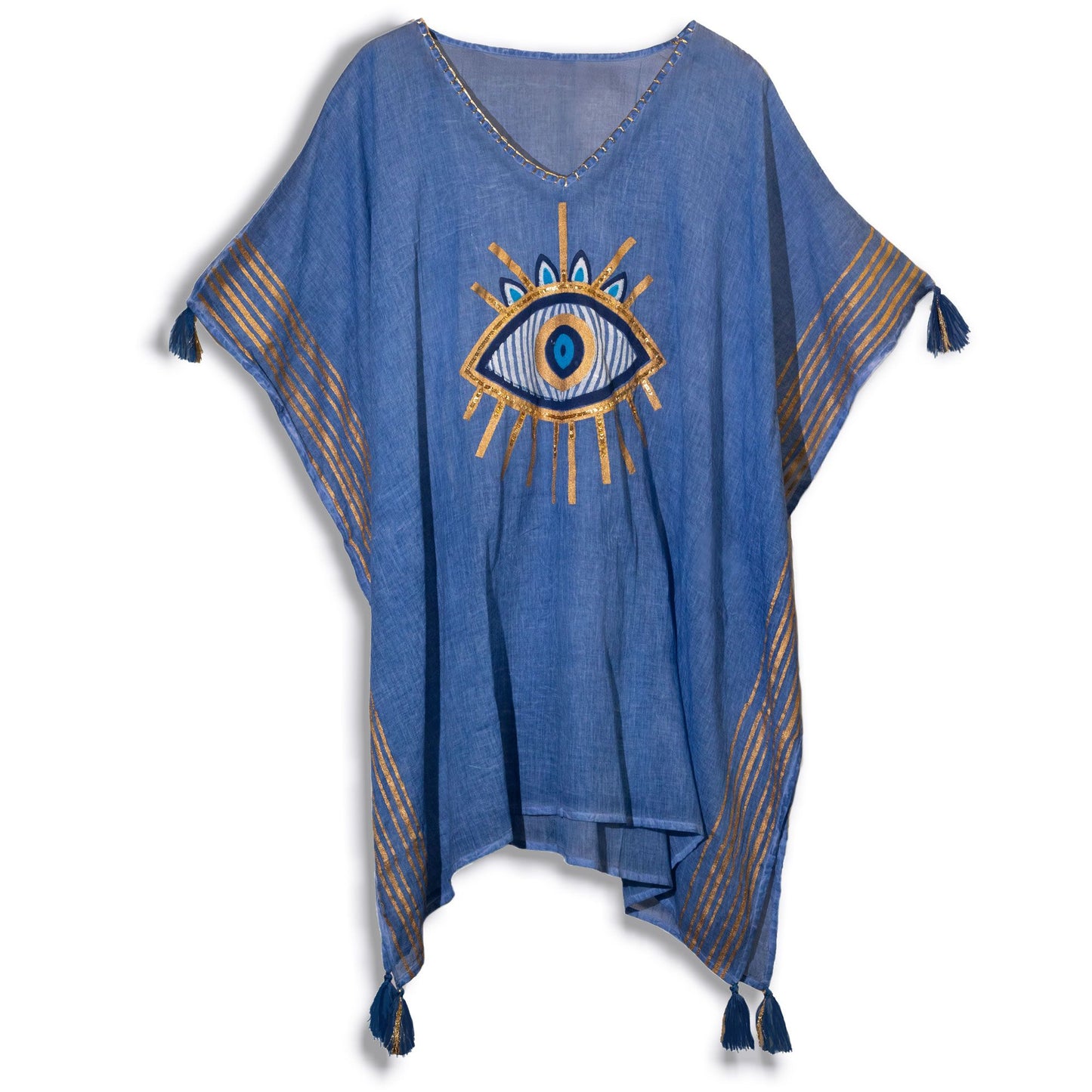 Nomad Sari On the Med Collection - Kaftan – Rich Blue & Gold Evil Eye Print