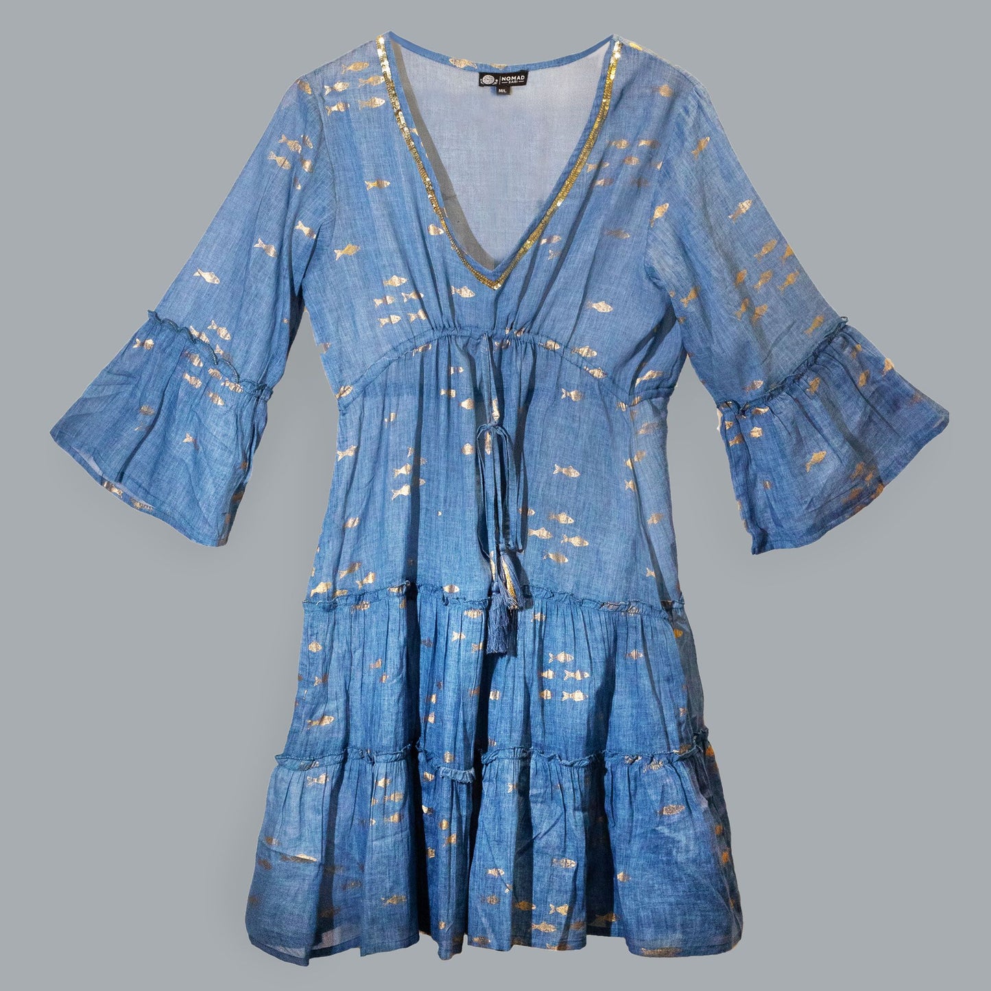 Nomad Sari On the Med Collection - Sea Blue & Gold Fish Print Dress (M/L)