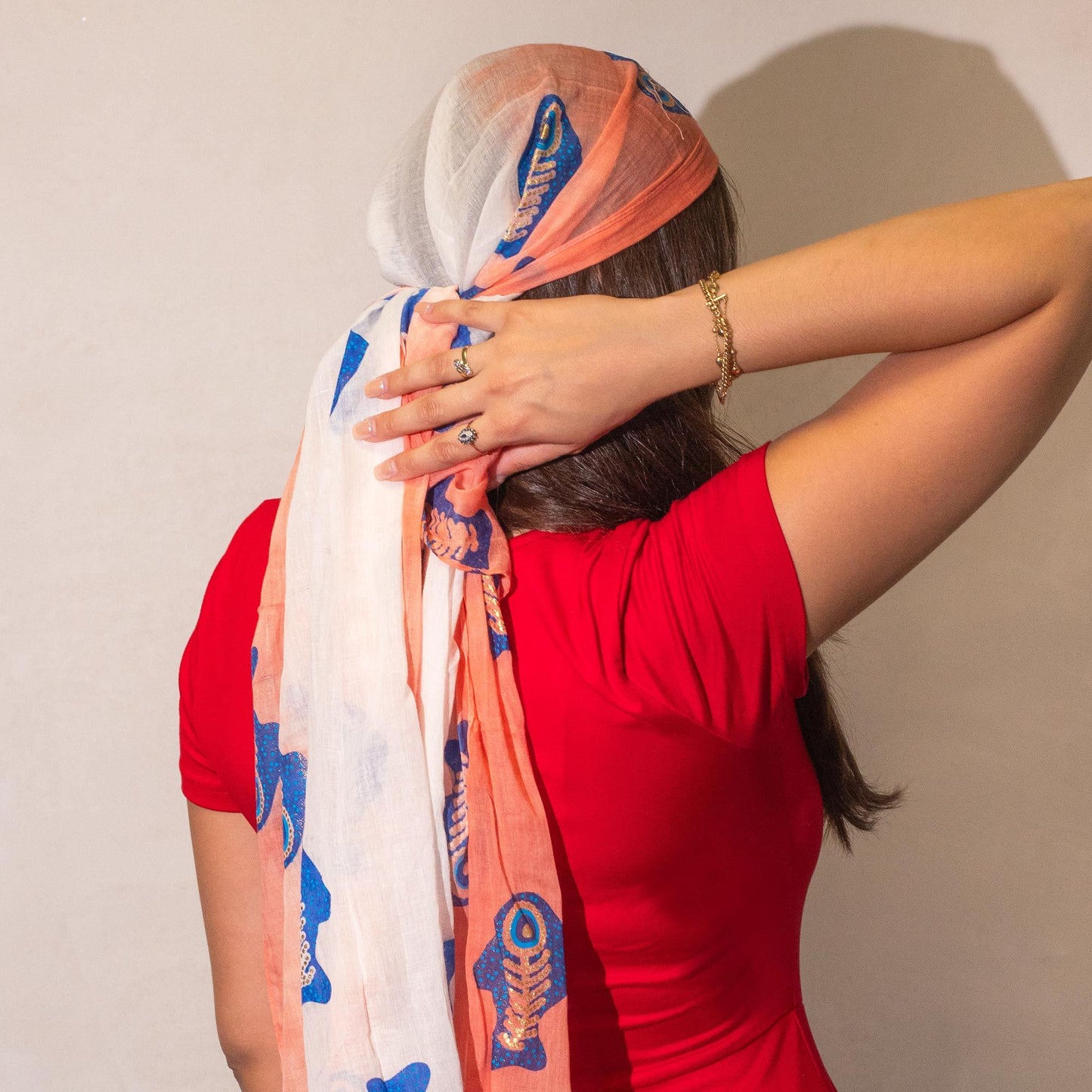 Nomad Sari On the Med Collection - Aqua Fish Scarf – Coral (180x50cm)