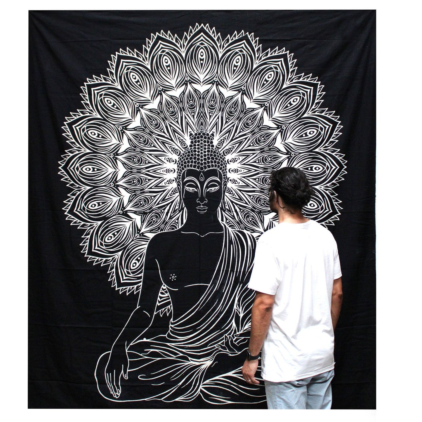 Black & White Double Cotton Bedspread + Wall Hanging - Buddha