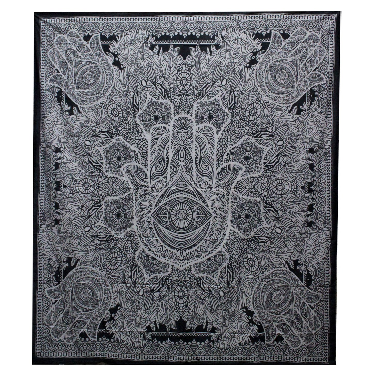 Black & White Double Cotton Bedspread + Wall Hanging - Hamsa