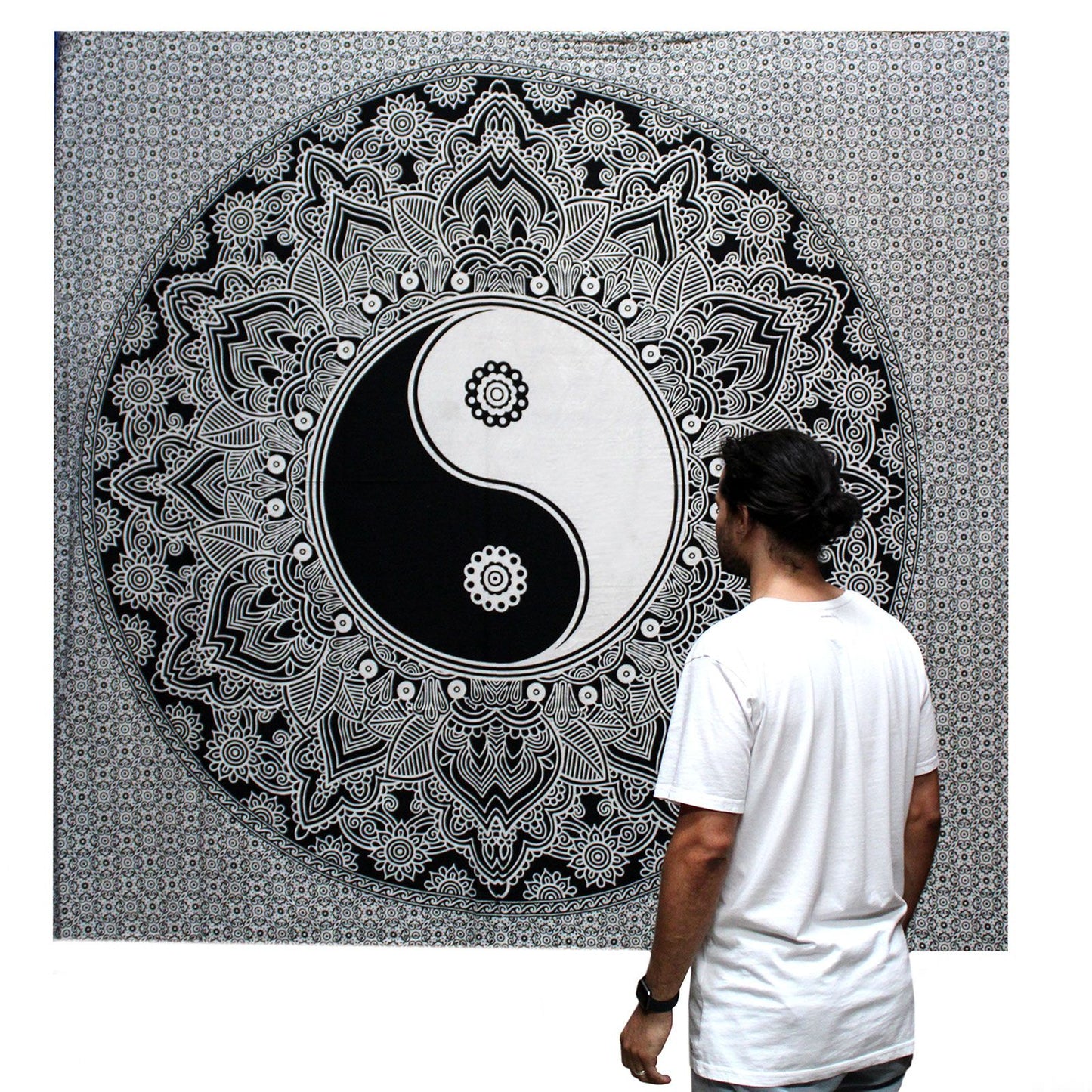 Black & White Double Cotton Bedspread + Wall Hanging - Ying yang