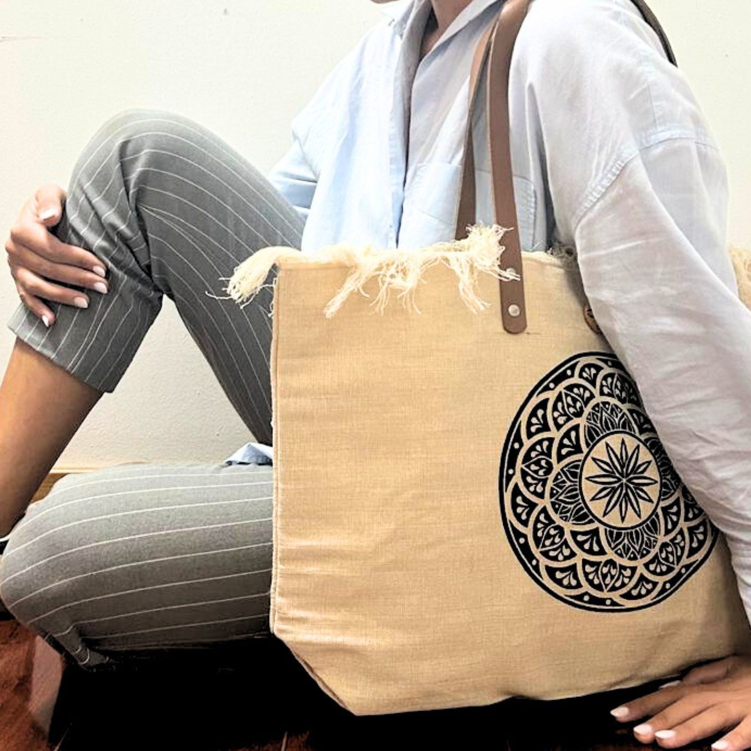 Natural Tote Bags with Leather Handle