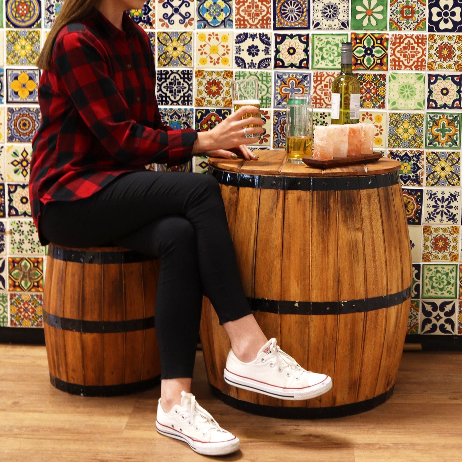 Albasia Wood Barrel Tables & Stools