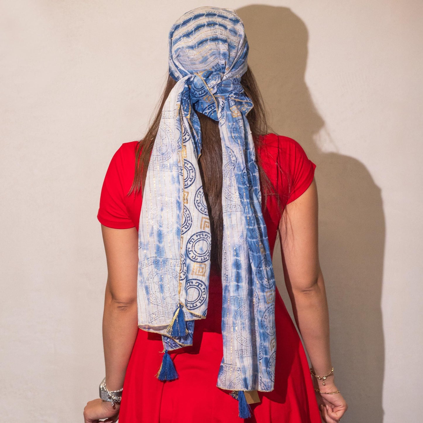 Nomad Sari On the Med Collection - Summer Marbella Print Scarf - Blue with Gold (180x50cm)