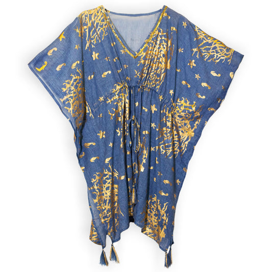 Nomad Sari On the Med Collection - Kaftan – Sea Blue with Gold Coral Print