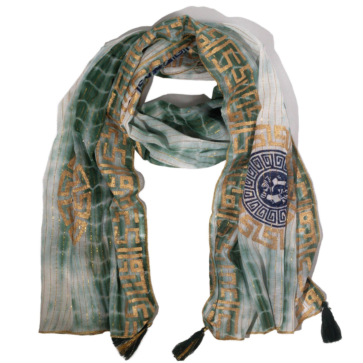 Nomad Sari On the Med Collection - Summer Marbella Print Scarf - Green with Gold  (180x50cm)
