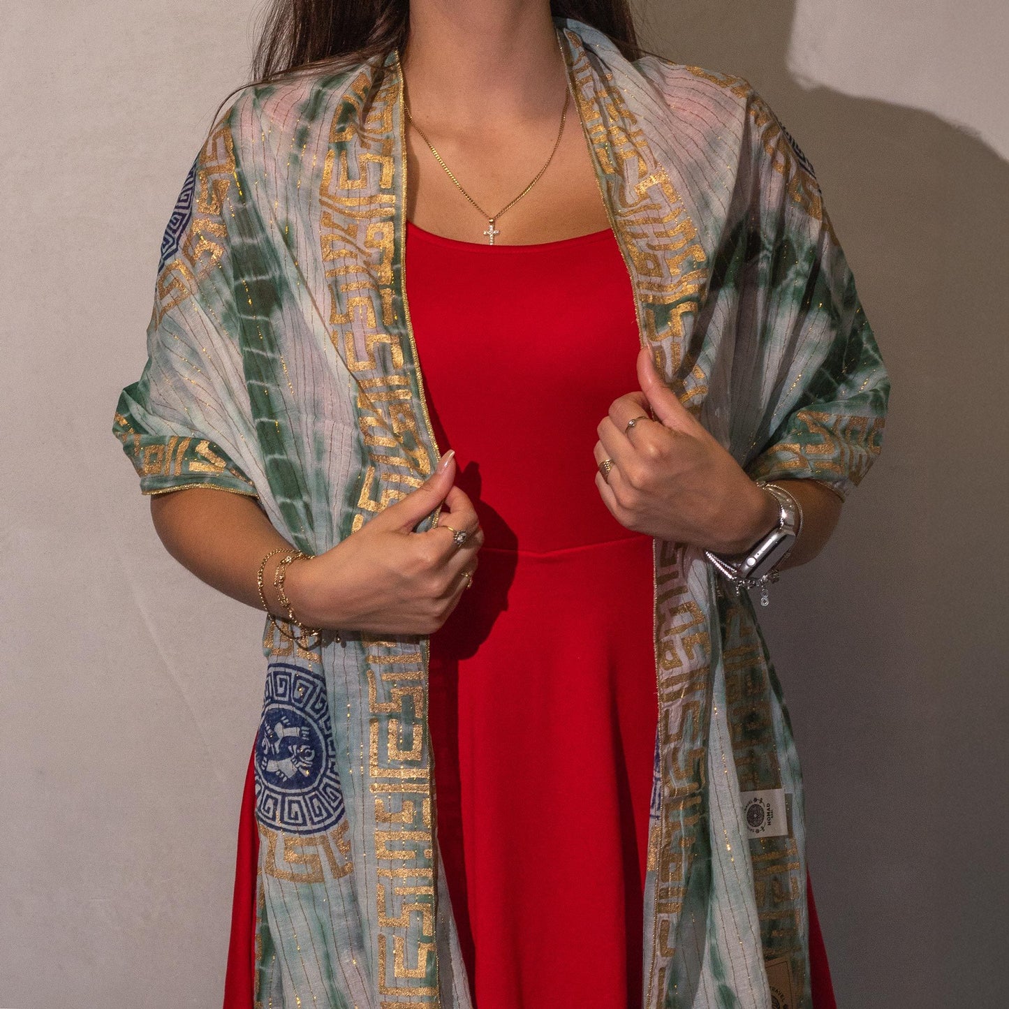 Nomad Sari On the Med Collection - Summer Marbella Print Scarf - Green with Gold  (180x50cm)