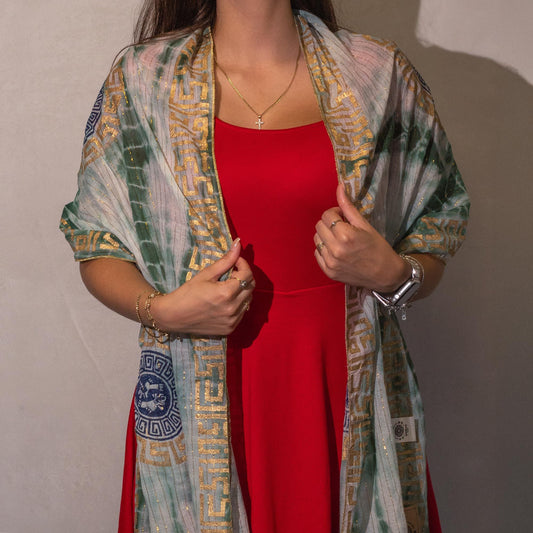 Nomad Sari On the Med Collection - Summer Marbella Print Scarf - Green with Gold  (180x50cm)
