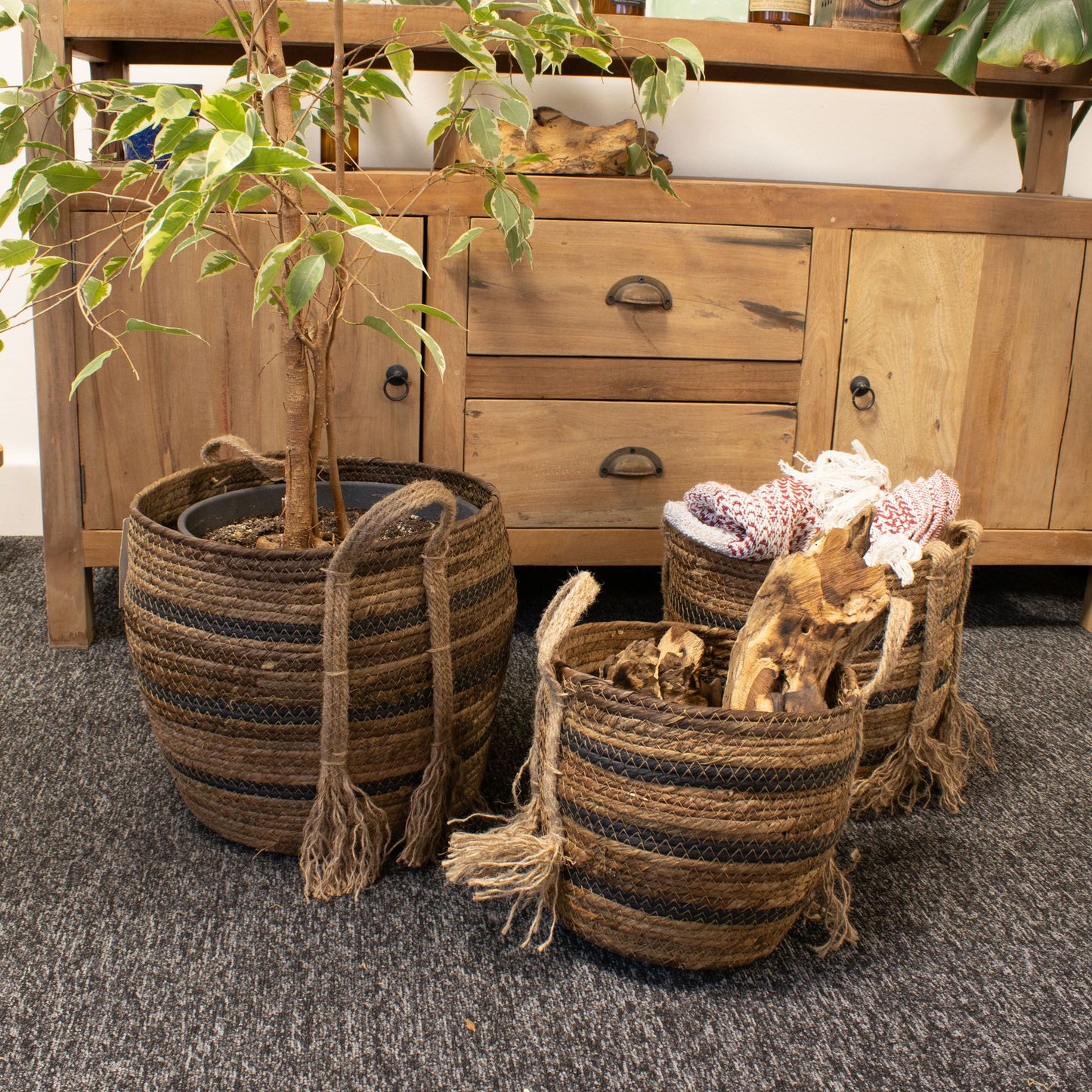 Banana Leaf & Seagrass Large Baskets - Natural Browns- Set of 3