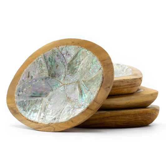 Set of 4 Teak Mini Bowls with Shell Decor