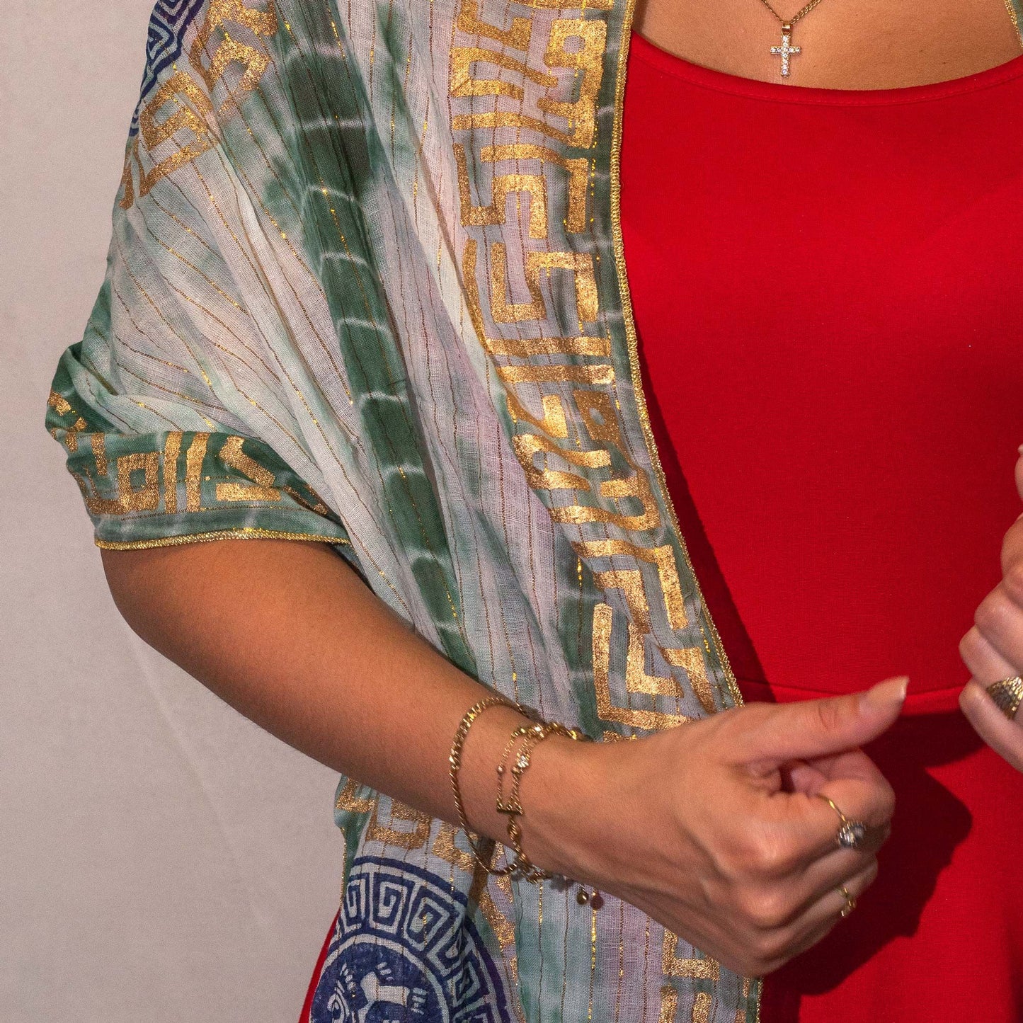 Nomad Sari On the Med Collection - Summer Marbella Print Scarf - Green with Gold  (180x50cm)