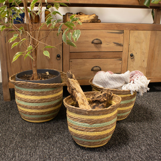 Seagrass & Straw Vase Shaped Baskets  - Natural Yellow & Green - Set of 3