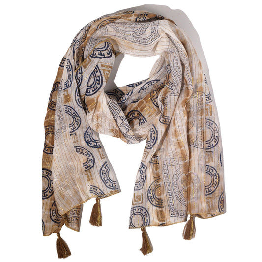 Nomad Sari On the Med Collection - Summer Marbella Print Scarf - Coffee with Gold  (180x50cm)