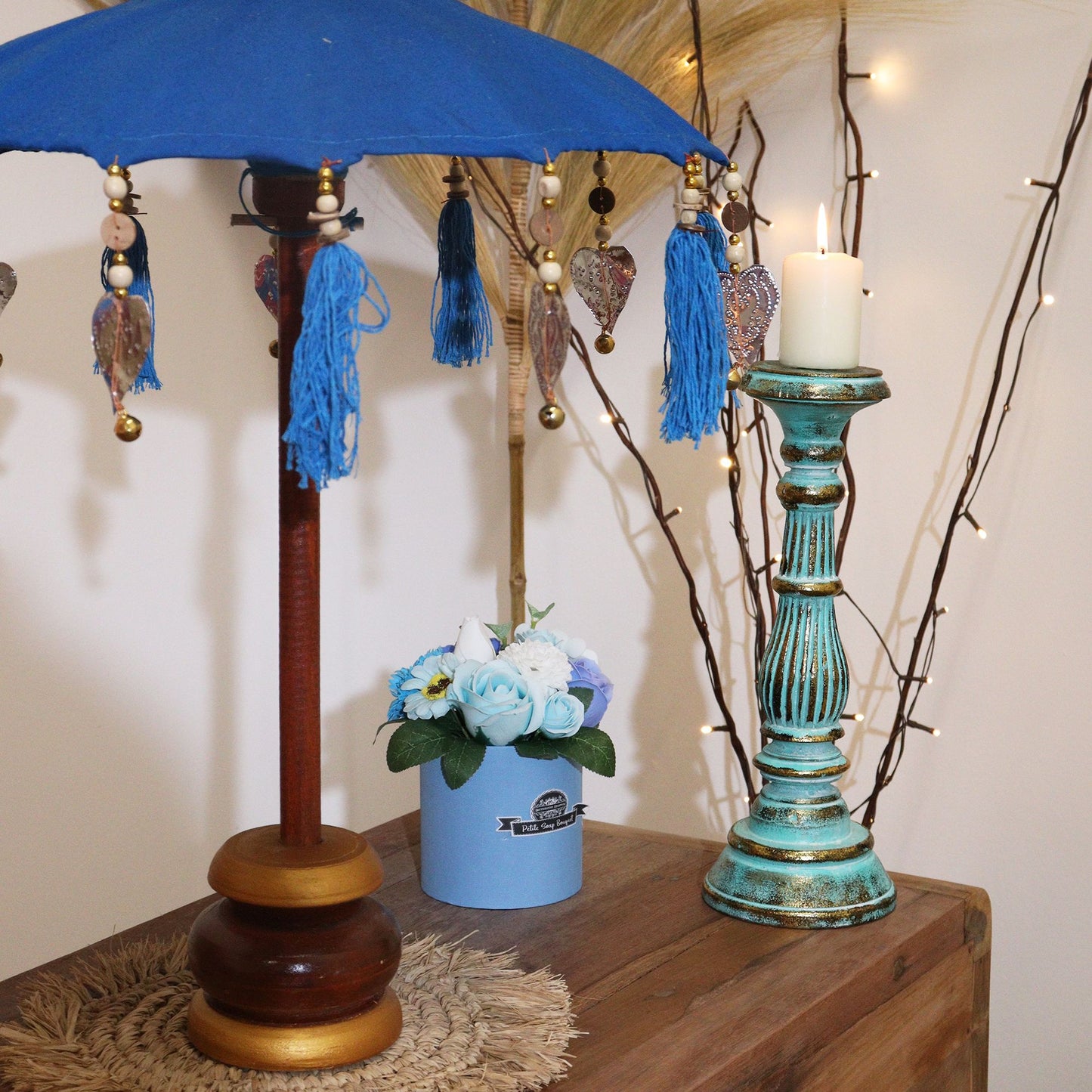 Handmade Bali Home Décor Parasol 40cm – Turquoise Cotton Decorative Table Parasol
