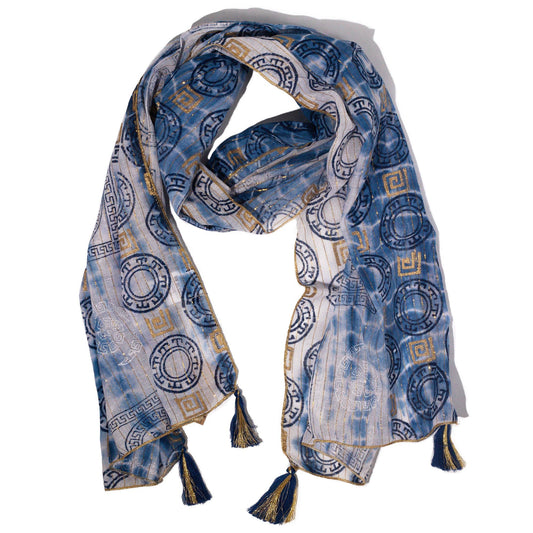 Nomad Sari On the Med Collection - Summer Marbella Print Scarf - Blue with Gold (180x50cm)