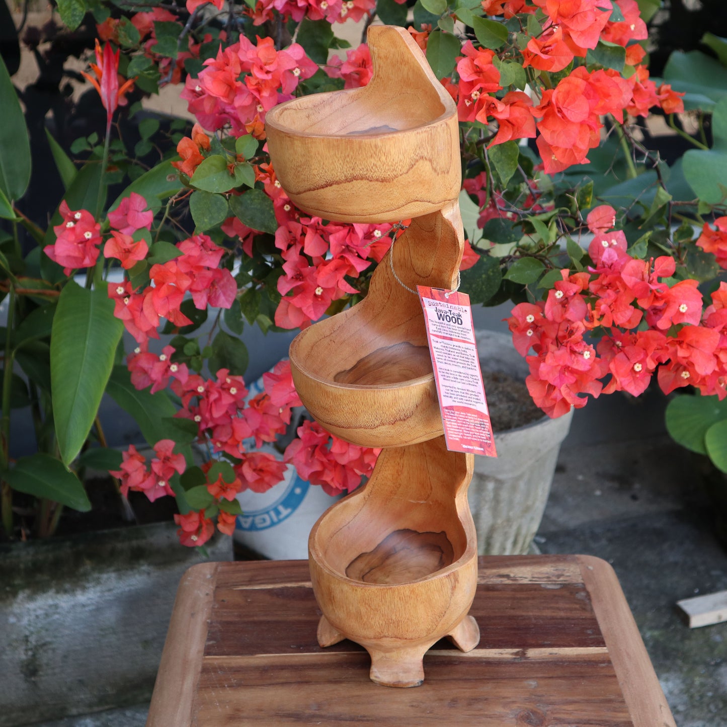 Teak Three Bowl Standing approx 50cm