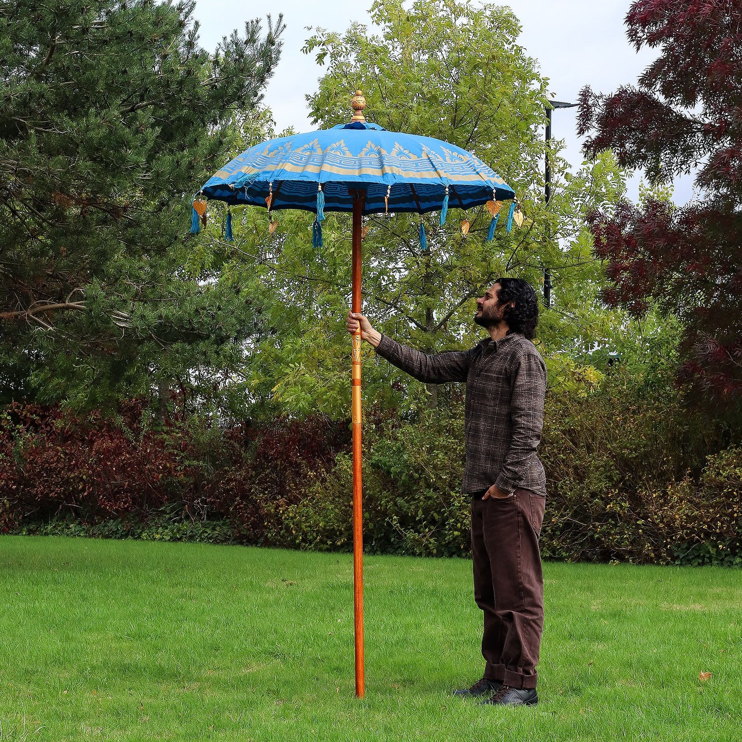 Handmade Bali Patio Parasol 1.5m – Turquoise Cotton Boho Garden Parasol