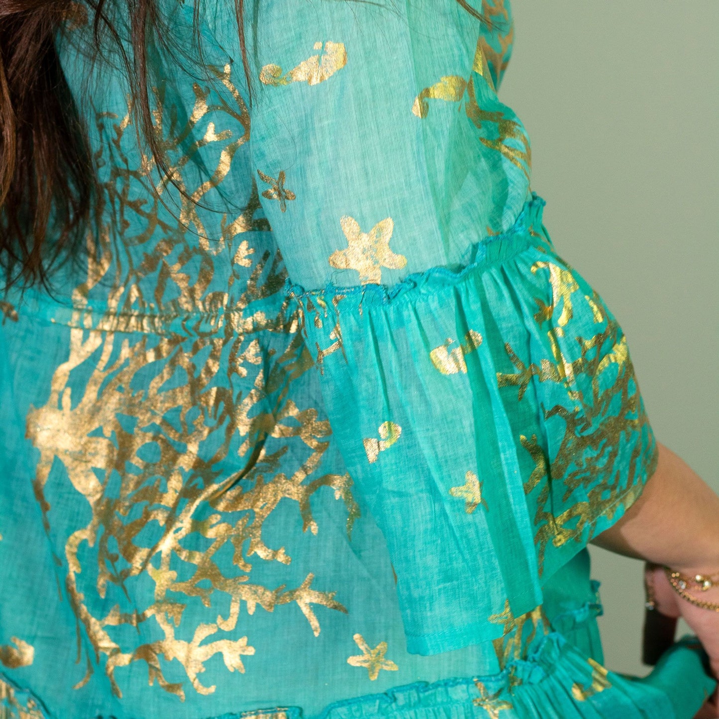 Nomad Sari On the Med Collection - Turquoise & Gold Coral Print Dress (M/L)