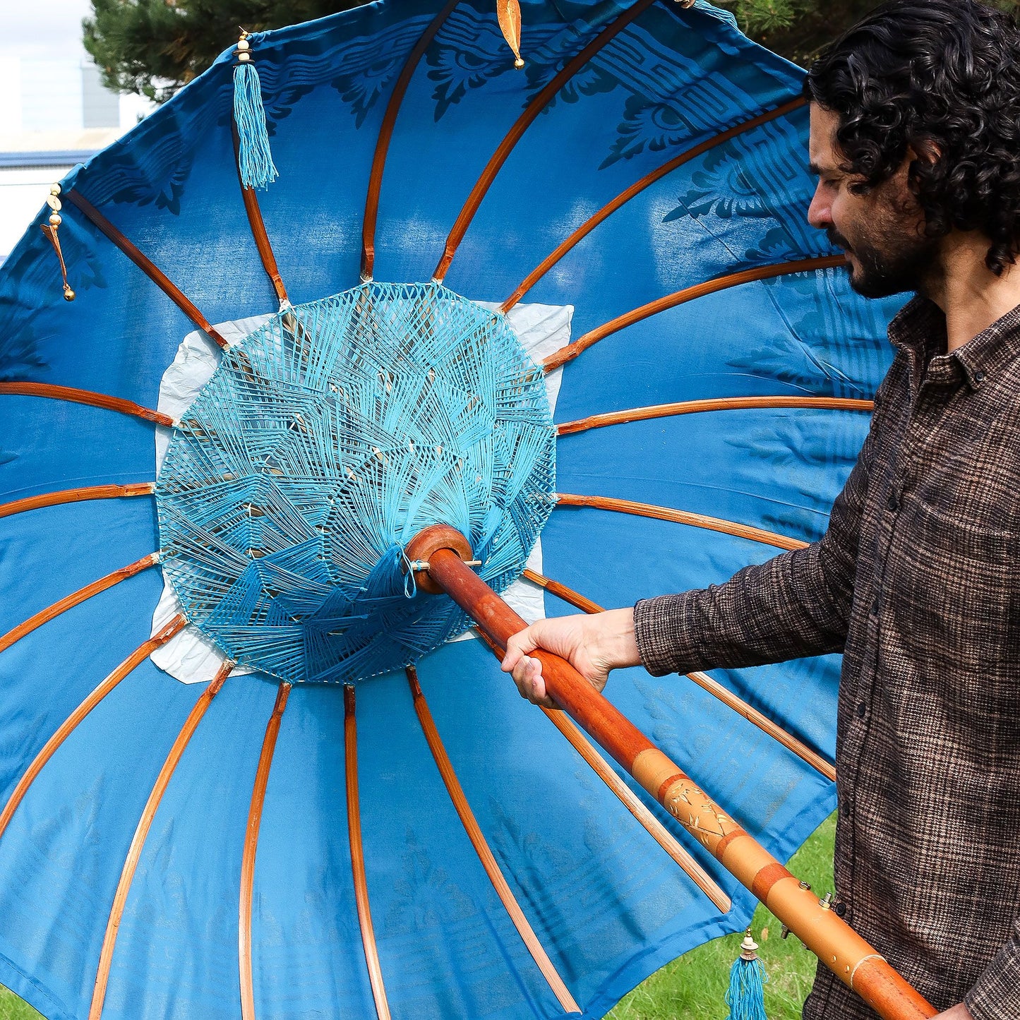 Handmade Bali Patio Parasol 1.5m – Turquoise Cotton Boho Garden Parasol