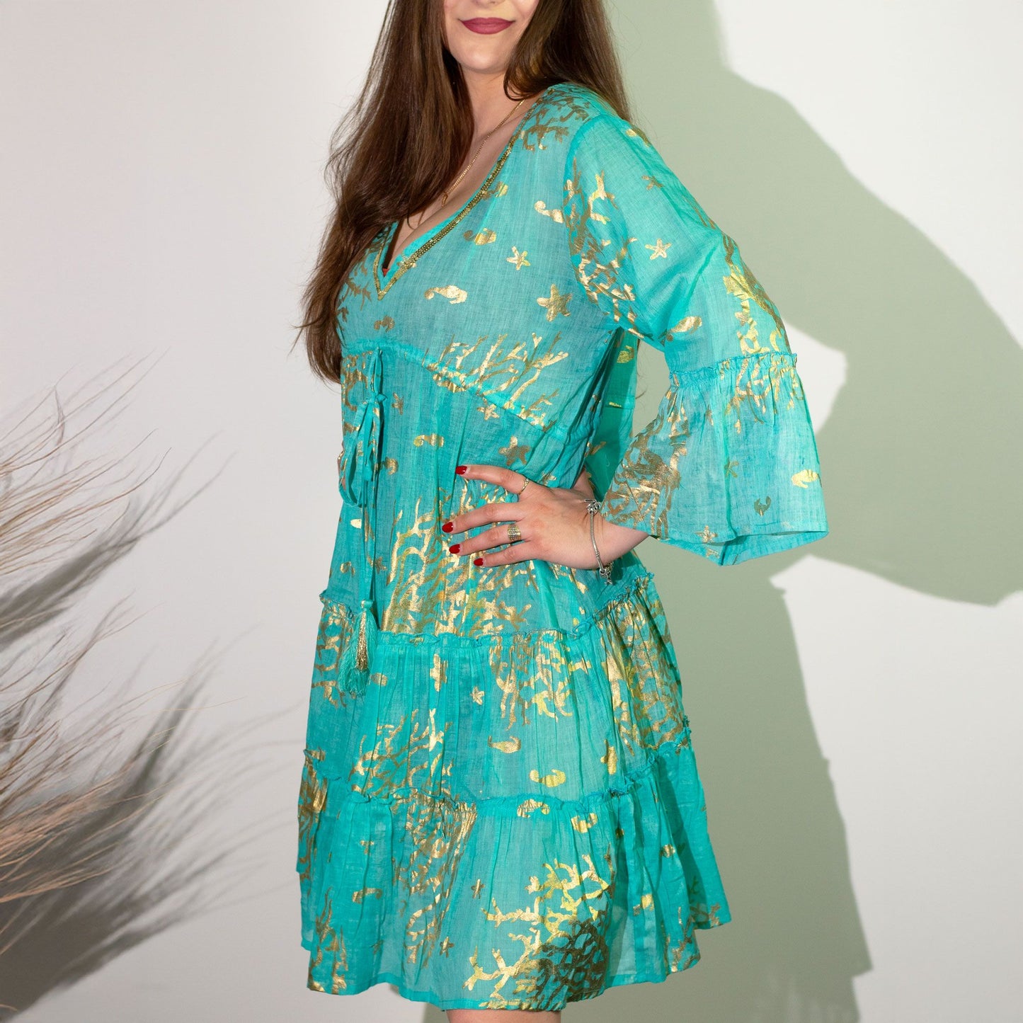Nomad Sari On the Med Collection - Turquoise & Gold Coral Print Dress (M/L)