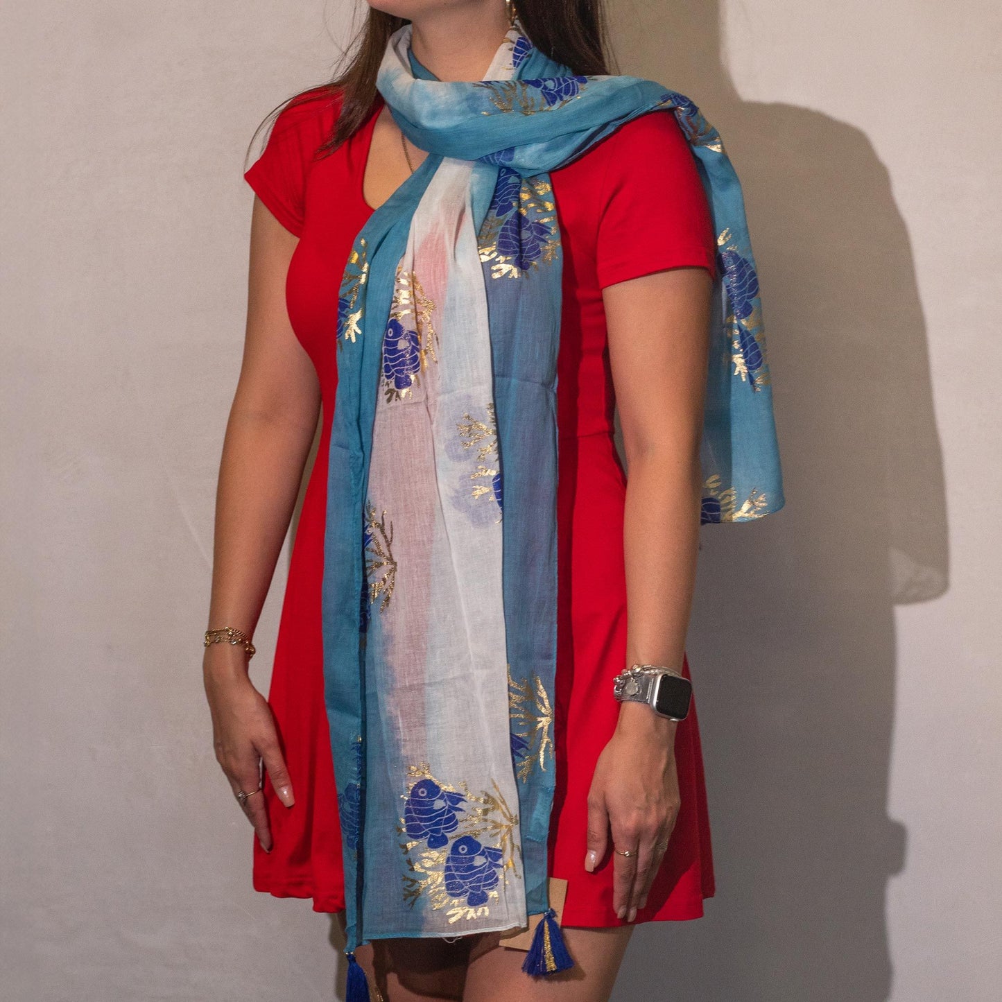 Nomad Sari On the Med Collection - Aqua Fish Scarf – Sea Blue (180x50cm)