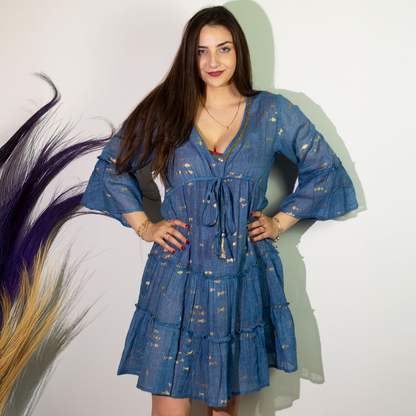 Nomad Sari On the Med Collection - Sea Blue & Gold Fish Print Dress (M/L)