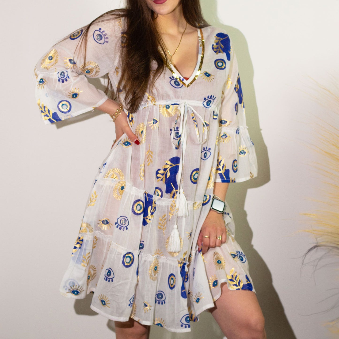 Nomad Sari On the Med Collection - Evil Eye Dress – White, Blue & Gold – Size M/L