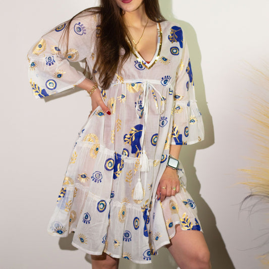 Nomad Sari On the Med Collection - Evil Eye Dress – White, Blue & Gold – Size L/XL