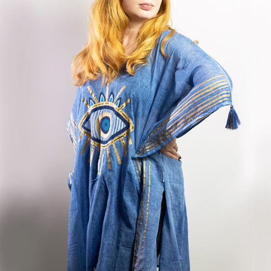 Nomad Sari On the Med Collection - Kaftan – Rich Blue & Gold Evil Eye Print