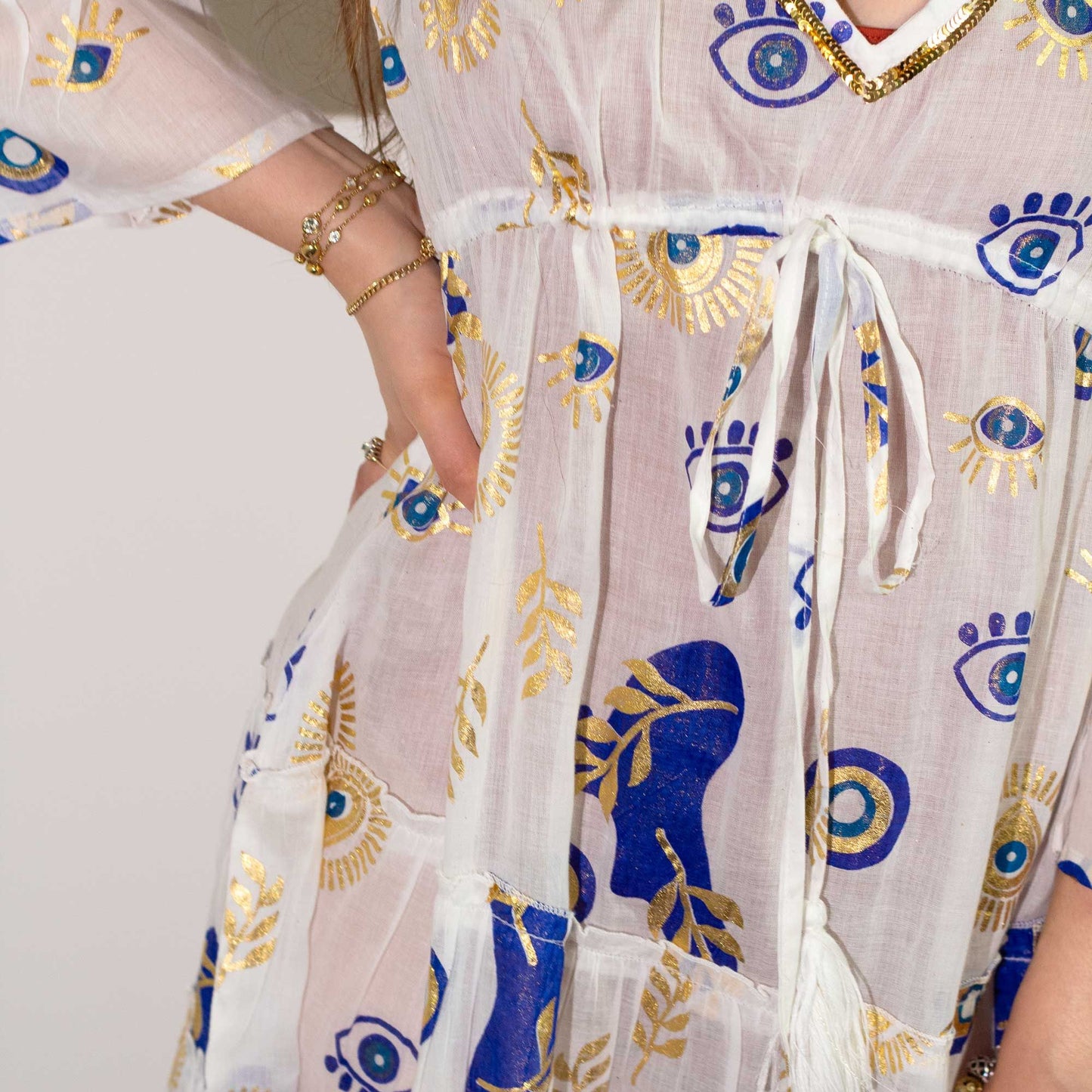 Nomad Sari On the Med Collection - Evil Eye Dress – White, Blue & Gold – Size M/L