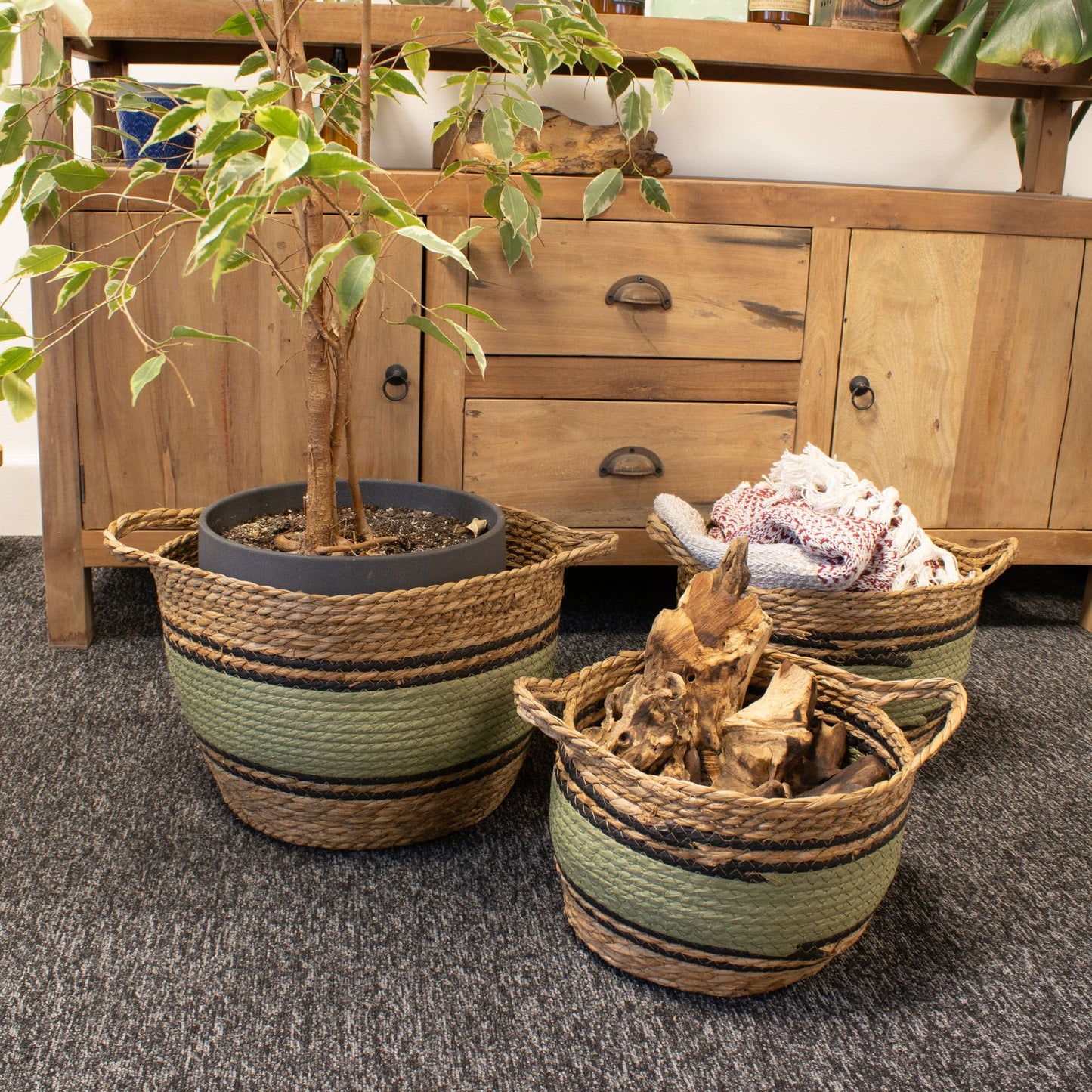 Cotton & Seagrass Large Baskets - Natural Black & Green - Set of 3
