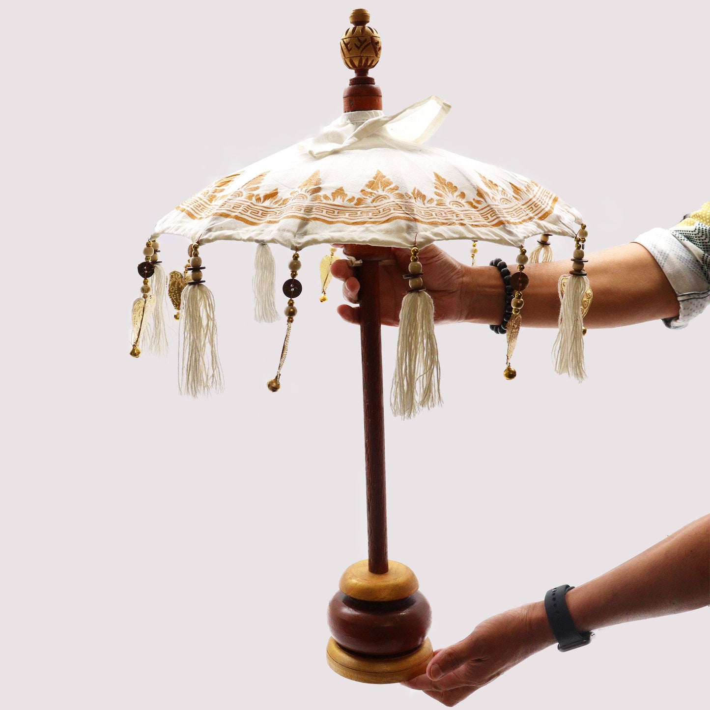 Handmade Bali Home Décor Parasol 40cm – White Canvas with Gold Detailing