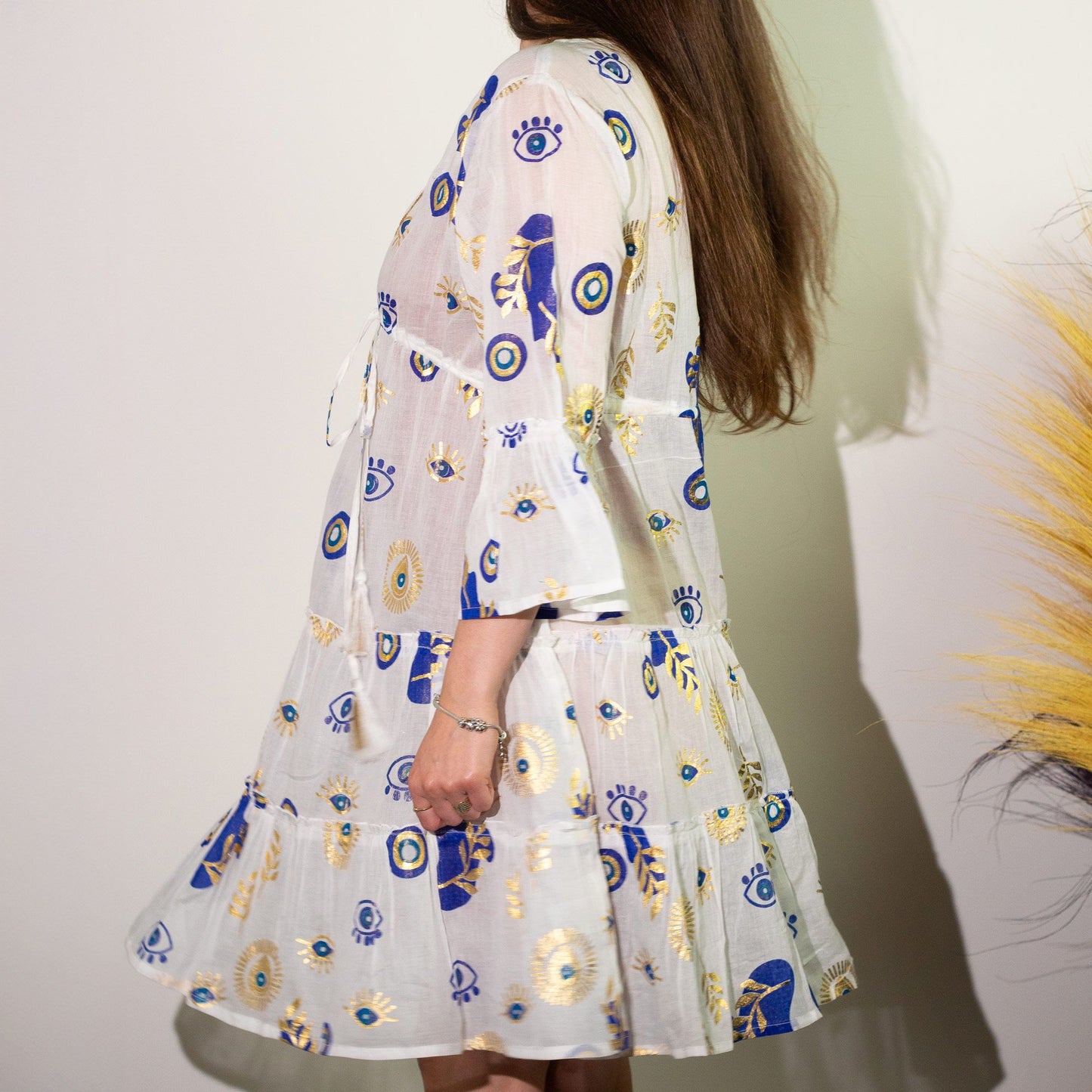 Nomad Sari On the Med Collection - Evil Eye Dress – White, Blue & Gold – Size M/L