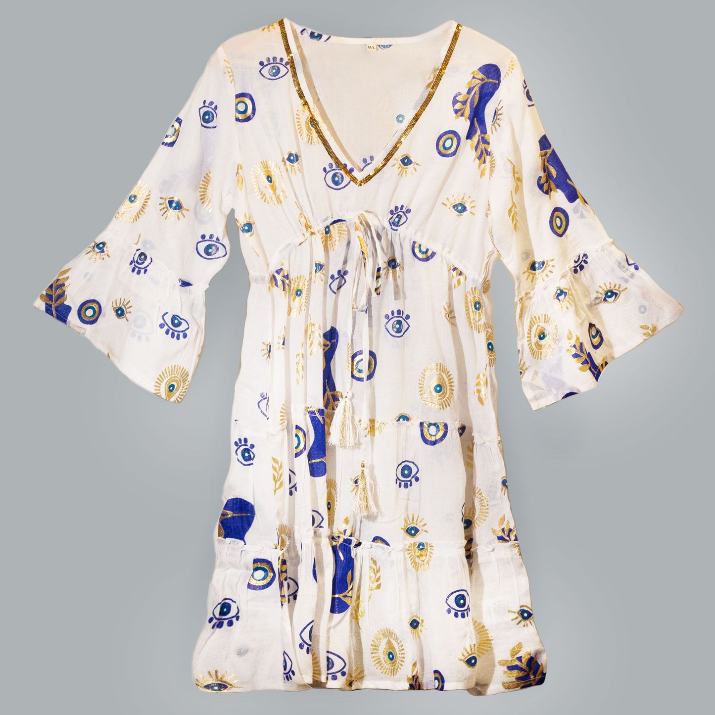 Nomad Sari On the Med Collection - Evil Eye Dress – White, Blue & Gold – Size L/XL