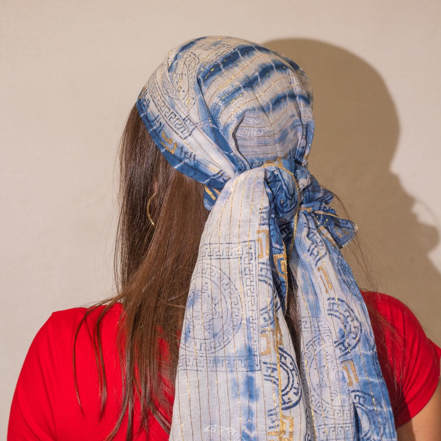 Nomad Sari On the Med Collection - Summer Marbella Print Scarf - Blue with Gold (180x50cm)