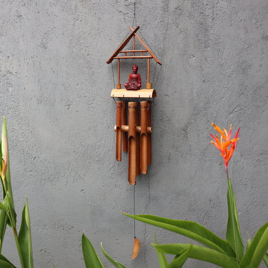 Handmade Bamboo Wind Chime Brown Buddha 6 Tube – 90cm Garden Décor