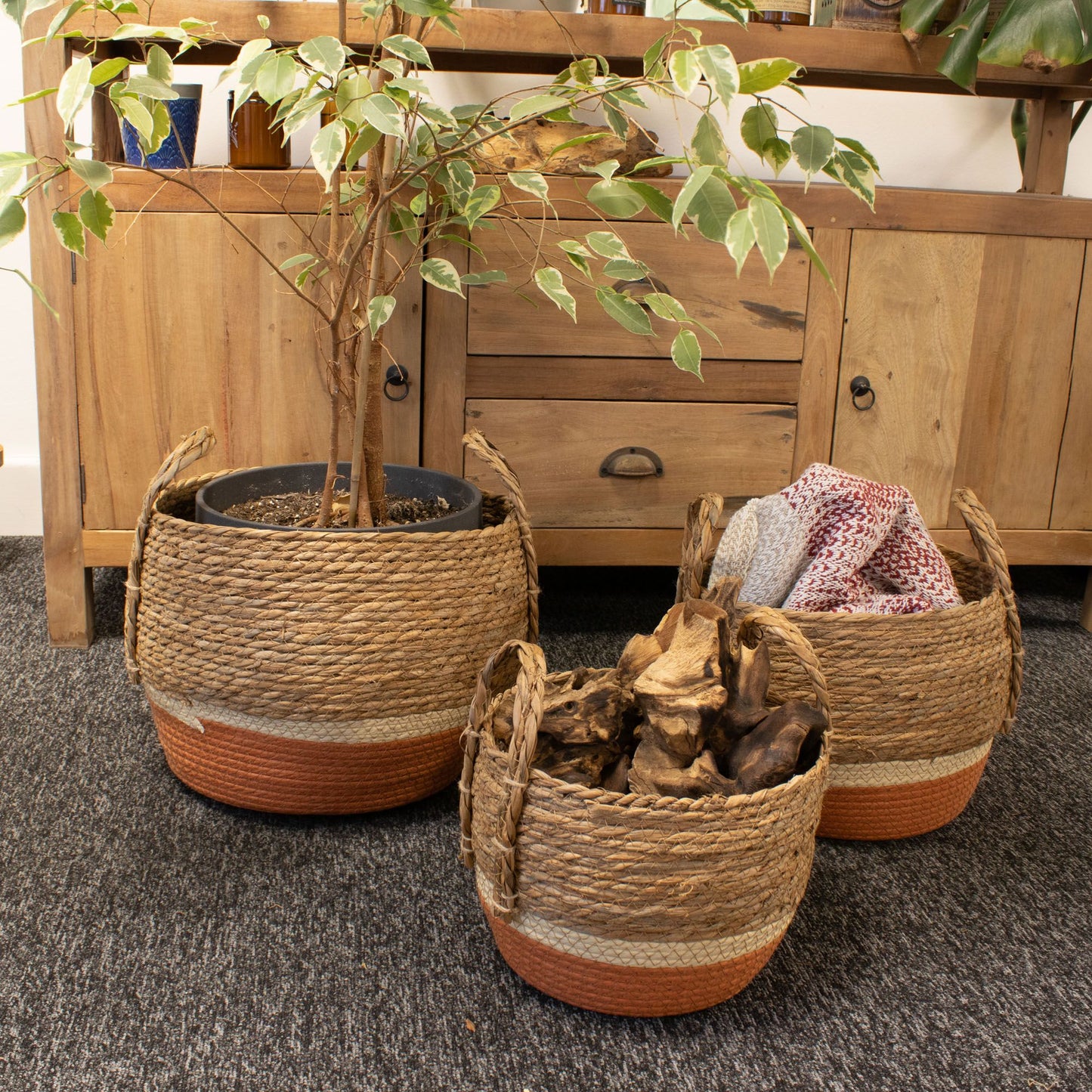 Straw & Seagrass Large Baskets - Natural & Orange - Set of 3