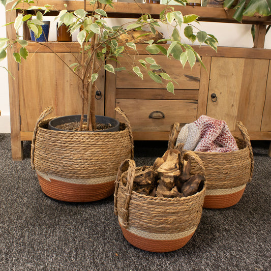 Straw & Seagrass Large Baskets - Natural & Orange - Set of 3