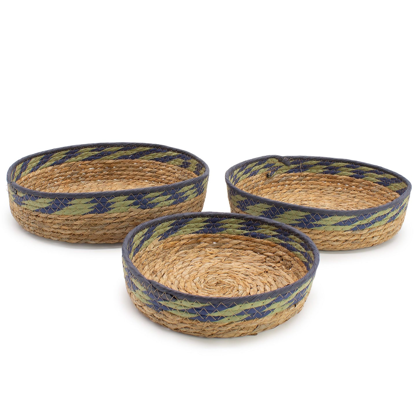 Straw & Seagrass Tray Baskets - Natural Green & Blue - Set of 3