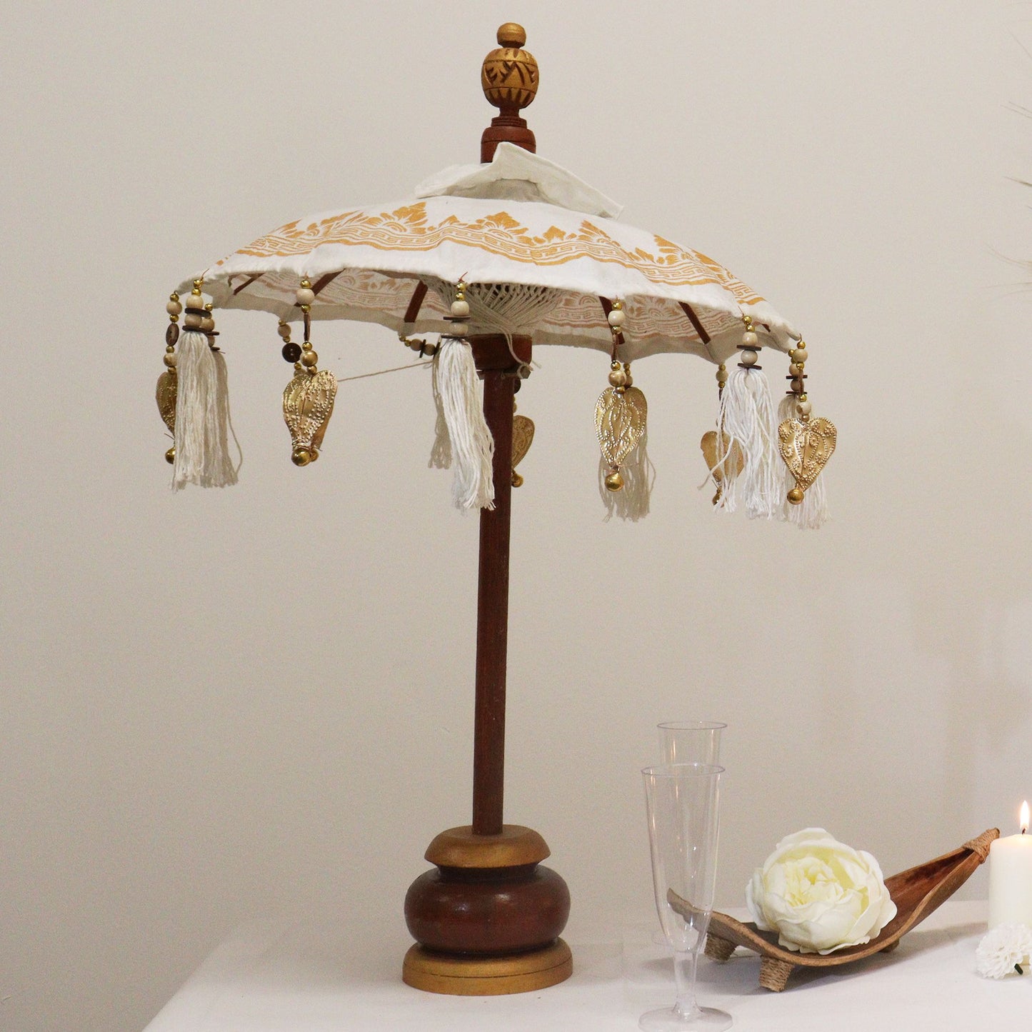 Handmade Bali Home Décor Parasol 40cm – White Canvas with Gold Detailing
