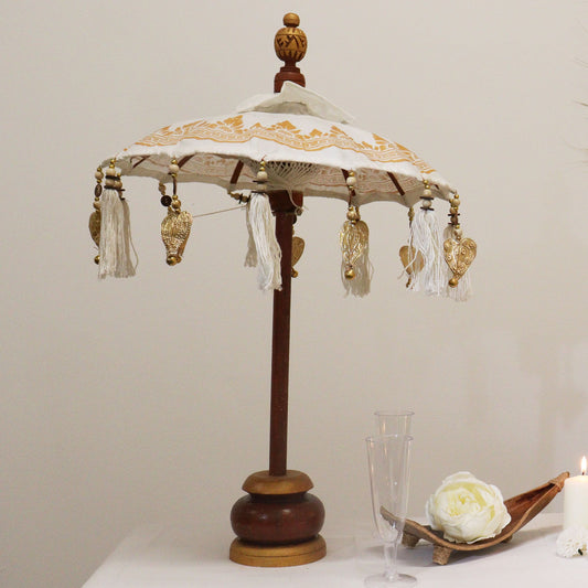 Handmade Bali Home Décor Parasol 40cm – White Canvas with Gold Detailing