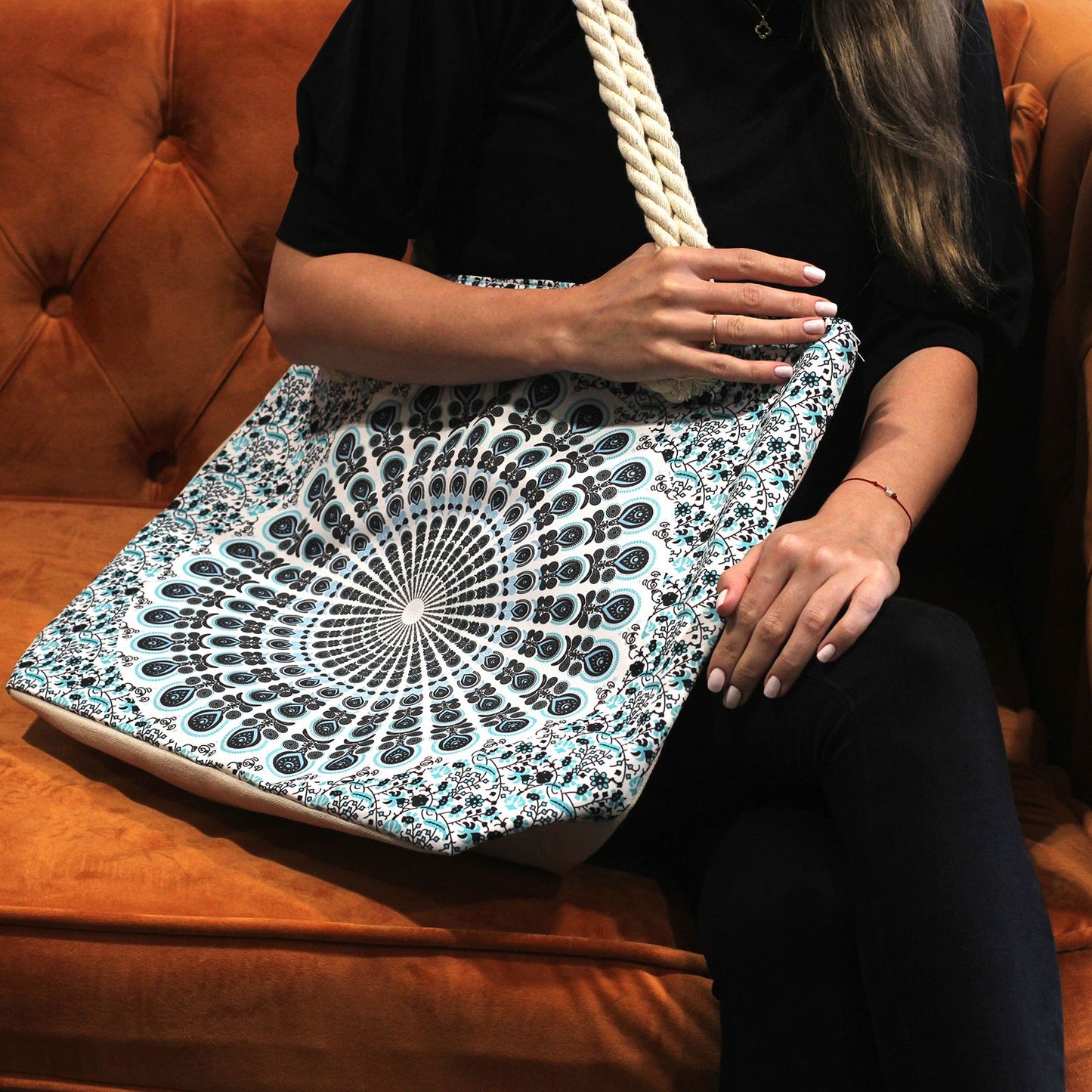 Rope Handle Mandala Bag - Sky Blue