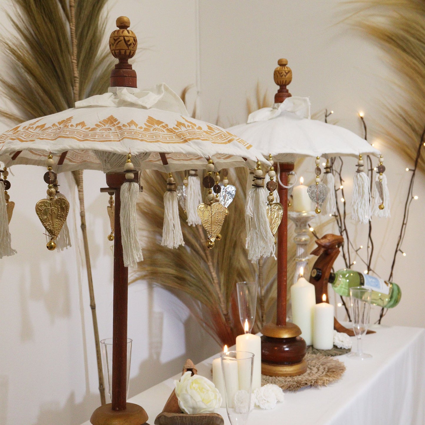 Handmade Bali Home Décor Parasol 40cm – White Canvas with Gold Detailing