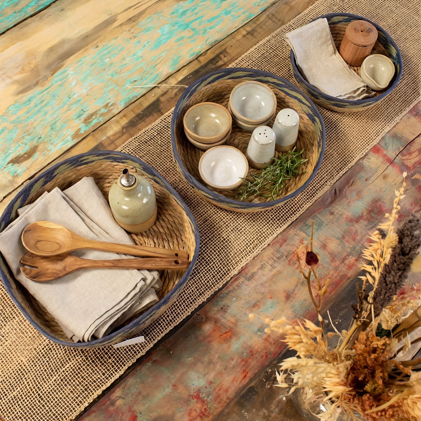 Straw & Seagrass Tray Baskets - Natural Green & Blue - Set of 3