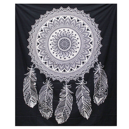 Black & White Double Cotton Bedspread + Wall Hanging - Dream Catcher