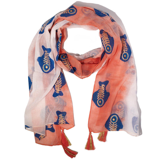 Nomad Sari On the Med Collection - Aqua Fish Scarf – Coral (180x50cm)