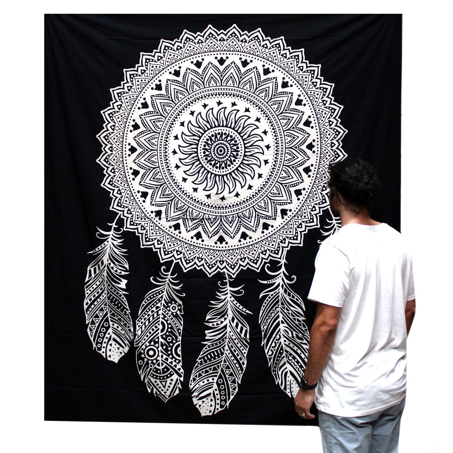 Black & White Double Cotton Bedspread + Wall Hanging - Dream Catcher